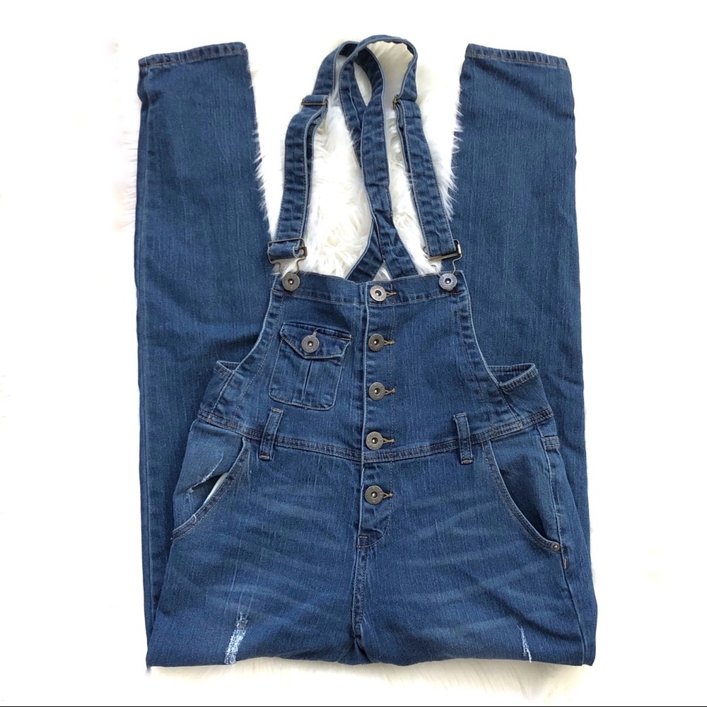 ALIBI Denim Suspenders Overalls Distressed Dark Wash Ripped Skinny Jeans 7